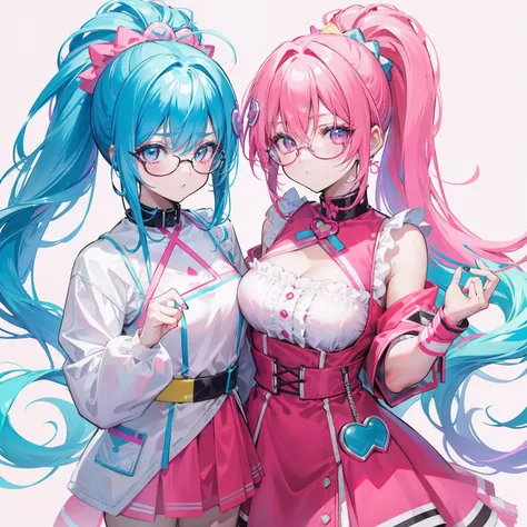 Neon-like vivid blue gradient to bright pink hair，Tied with a high ponytail，With round thick-rimmed glasses，Pink collar，red colour，In pink，Yellow with cream dress，A cute girl who looks fierce