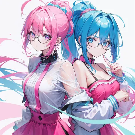 Neon-like vivid blue gradient to bright pink hair，Tied with a high ponytail，With round thick-rimmed glasses，Pink collar，red colour，In pink，Yellow with cream dress，A cute girl who looks fierce