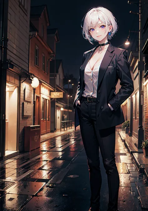 (masterpiece, best quality:1.2), cowboy shot, solo, 1girl, white hair, short wavy hair, purple eyes, (large breasts: 1.2), cleavage, slender body, light smile, looking at viewer, hands in pockets, formal, dark suit, topless, black pants, choker, earrings, ...