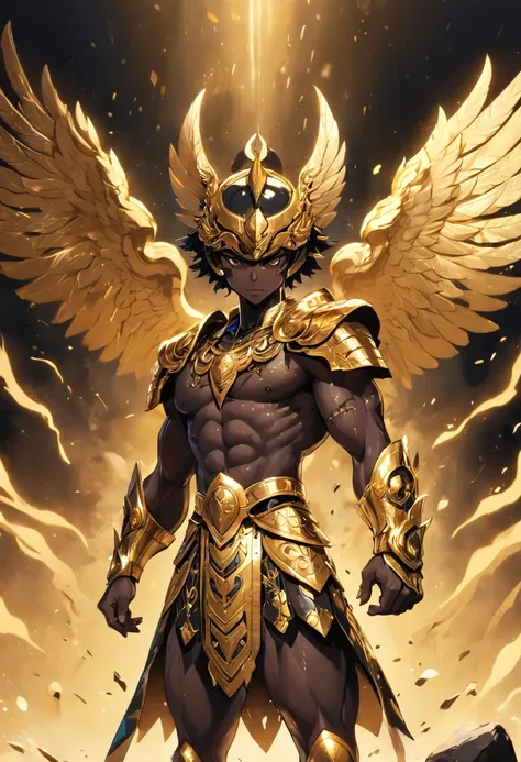 "Nos anais do tempo, A black warrior of immense strength stands out, dressed in ornate gold costumes that reflect his status as a true champion. Describe your indomitable, Wet appearance after a fierce confrontation, seus cabelos longos selvagens, his unmi...