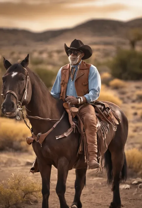 Cute chimpanzee dressed on cowboy attire, chaps, boots, western hat, sunglasses, holster, wearing sunglasses, on a palomino horse in an old time western town, 8k,