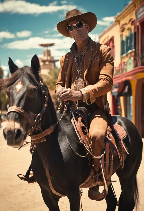 Cute chimpanzee dressed on cowboy attire, chaps, boots, western hat, sunglasses, holster, wearing sunglasses, on a palomino horse in an old time western town, 8k,