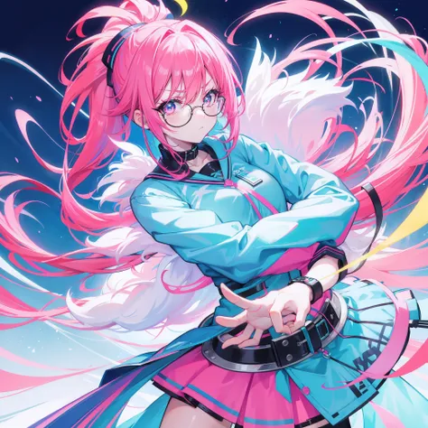 Neon-like vivid blue gradient to bright pink hair，Tied with a high ponytail，With round thick-rimmed glasses，Pink collar，red colour，In pink，Yellow with cream dress，A cute girl who looks fierce