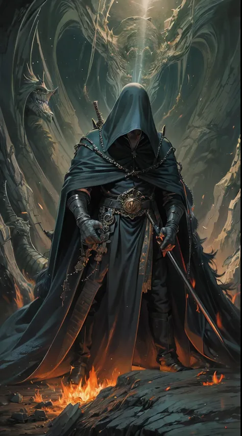 ultra detallado, beautiful and aesthetic, Beautiful, obra maestra , misterio , atmospheric , genial , sobrenatural , La mejor calidad , cueva , 1 hombre , 1 demonic monster , monstruo muy grande , Hombre matando monstruo , The man has a long black hooded r...