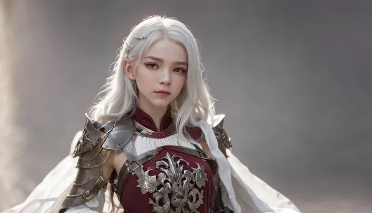 A teenage girl，White hair and red eyes，long whitr hair，Original Character、fantasy concept art、Best shadow、shallowdepthoffield、Portrait of a noble knight、Dignified、Sad expression，streaming tears，Sophisticated tactical heavy armor、Tassel waistband、Hand Guard...