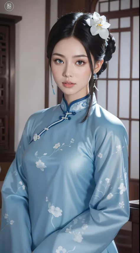 blue and white porcelain style，china cheongsam，the cheongsam is decorated with a blue and white pattern，ancient china art style，...