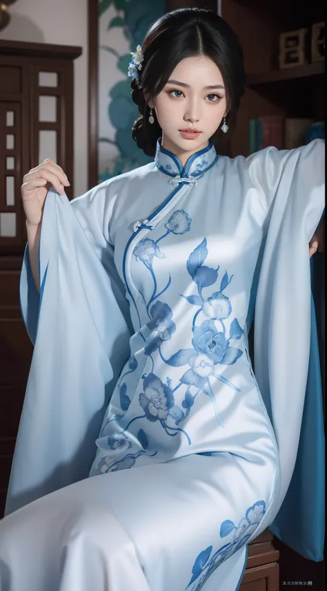 blue and white porcelain style，china cheongsam，the cheongsam is decorated with a blue and white pattern，ancient china art style，...