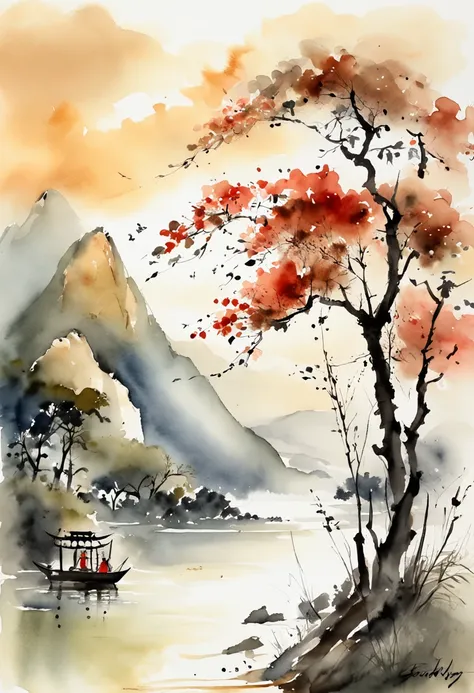 scenecy，Chinese ink painting style，Tranquil river，An old fishing man on the shore，Mountains loom in the distance，Foggy。