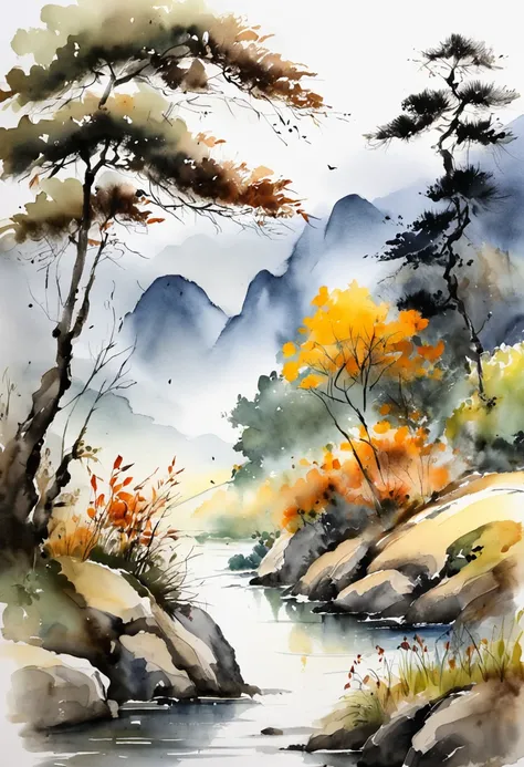 scenecy，Chinese ink painting style，Tranquil river，An old fishing man on the shore，Mountains loom in the distance，Foggy。