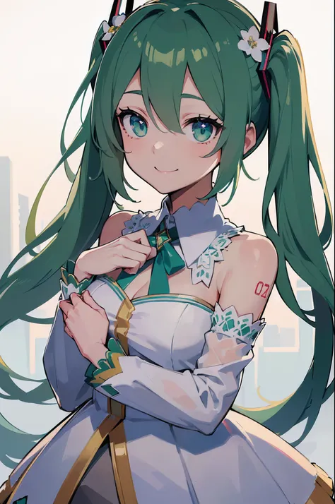 (best quality,hyper detailed:1.2),(1girl,solo,smile,HatsuneMiku,green hair,twin tail,green eyes:1.2),Break,(formal white dress,🎉🎂Happy Birthday 🎂🎉,celebrate,🎉🎊💐👏♥️,confetti,flower,gravure posing,absurdres, upper body,insanely detailed ,intense angle,ultra-...