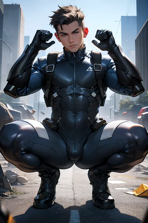 ((Best Quality, 8K, ultra-detailed, Masterpiece: 1.3)), 1boy, shiny skin, sharp, Perfect Body Beauty, realistic shaded perfect body, (cute baby face:1.1),("bodysuit, techwear,big bulge ":1.2),("leggins , armor":1.1),("glove, armor":1.1 ),(techwear)(dynamic...