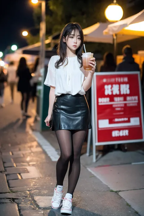 1girl, (looking at viewer),  (bokeh:1.1), parted lips, expressionless, realistic, serving drink with bootle, tights, white blouse, short skirt, converse shoes, realistic, full body, amazing, at food outlet side road, fear, ashamed