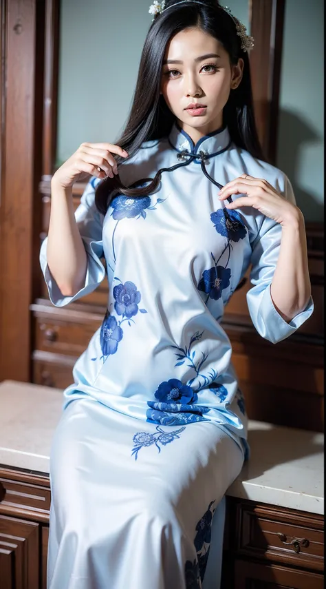 blue and white porcelain style，chinese white cheongsam，the cheongsam is decorated with a blue and white pattern，ancient china ar...