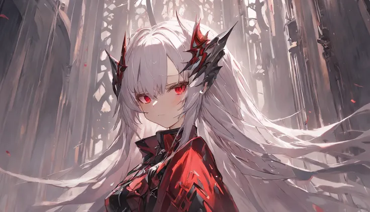 A teenage girl，White hair and red eyes，long whitr hair，Original Character、fantasy concept art、Best shadow、shallowdepthoffield、the emperor，Portrait of a noble knight、Dignified、Sad expression，streaming tears，Sophisticated tactical heavy armor、Tassel waistban...