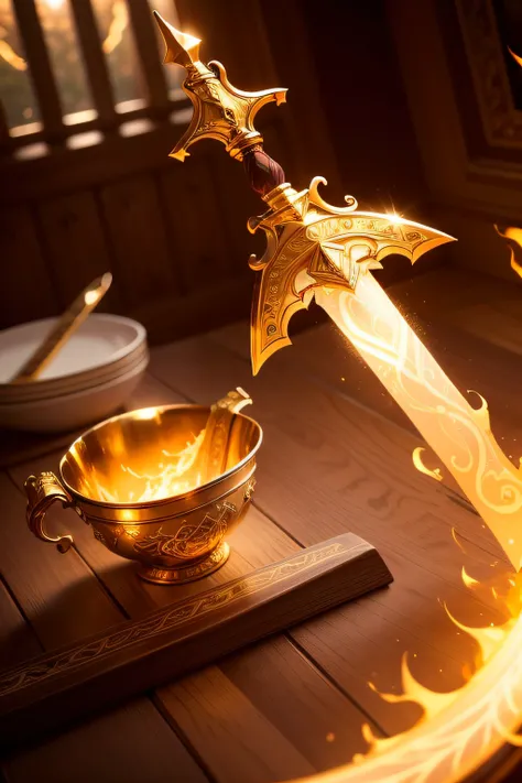 A beautifully detailed image of an enchanted sword lying on a table, glowing with magical energy. The blade, gleaming with a soft, warm light, curves and twists as it stretches from hand to hand, creating a mesmerizing, ethereal trail of swirling flames. T...