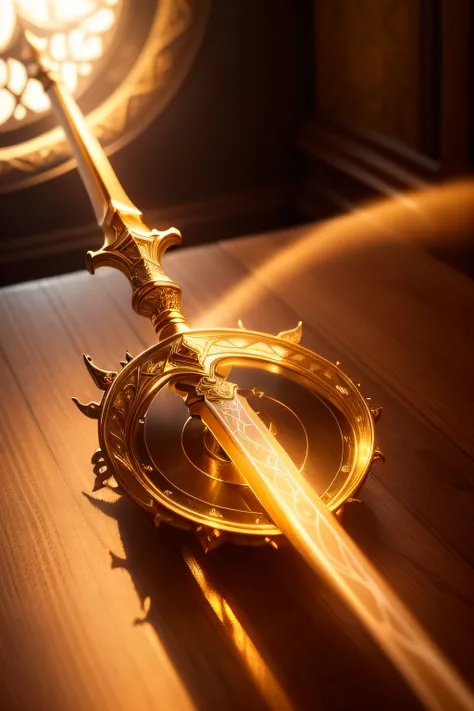 A beautifully detailed image of an enchanted sword lying on a table, glowing with magical energy. The blade, gleaming with a soft, warm light, curves and twists as it stretches from hand to hand, creating a mesmerizing, ethereal trail of swirling flames. T...