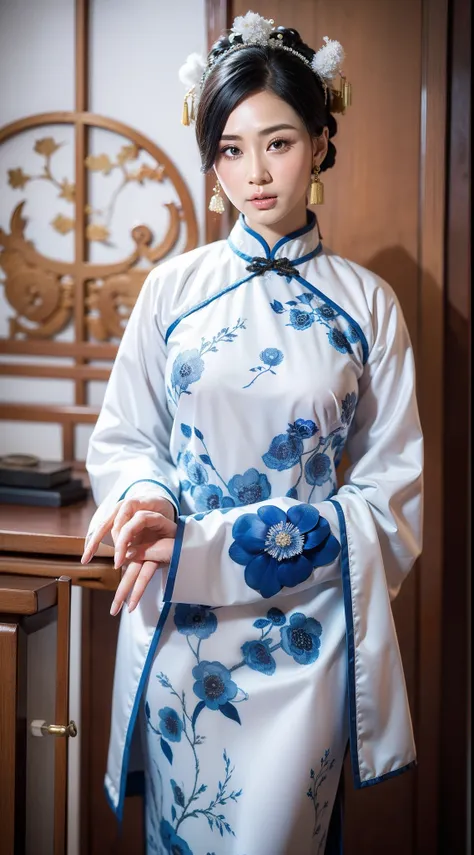 blue and white porcelain style，chinese white cheongsam，the cheongsam is decorated with a blue and white pattern，ancient china ar...