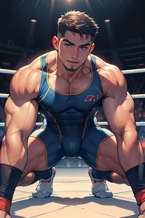 ((Best Quality, 8K, ultra-detailed, Masterpiece: 1.3)), 1boy, shiny skin, sharp, Perfect Body Beauty, realistic shaded perfect body, (cute baby face:1.1),("wrestling wear, big bulge ":1.2),(dynamic pose:1.1), thigh , (bulge focus:1.2) , all fours