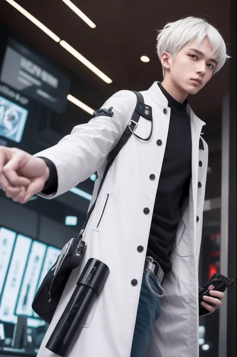 High-tech cyborg boy cyberpunk city background white hair two-dimensional high-tech next-generation watch off-white coat Equipped with various weapons
Anime style manga