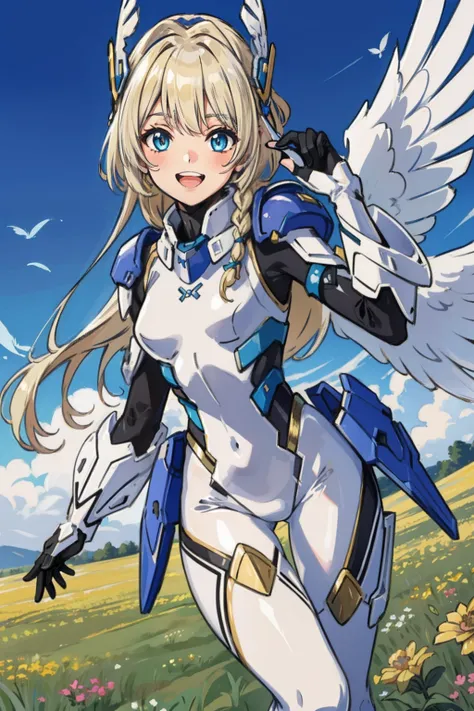 (​master piece, Best Quality),  Intricate details, valkyrie, kawaii, Happy smile, (((Laugh))), Hand up, Looking at Viewer, Feather Headgear, flower meadow, 
1 girl in, Solo, Portrait, Tentacle plutinum blonde hair, single thighhigh, white Independent singl...