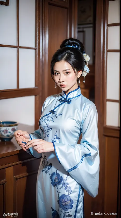 blue and white porcelain style，chinese white cheongsam，the cheongsam is decorated with a blue and white pattern，ancient china ar...