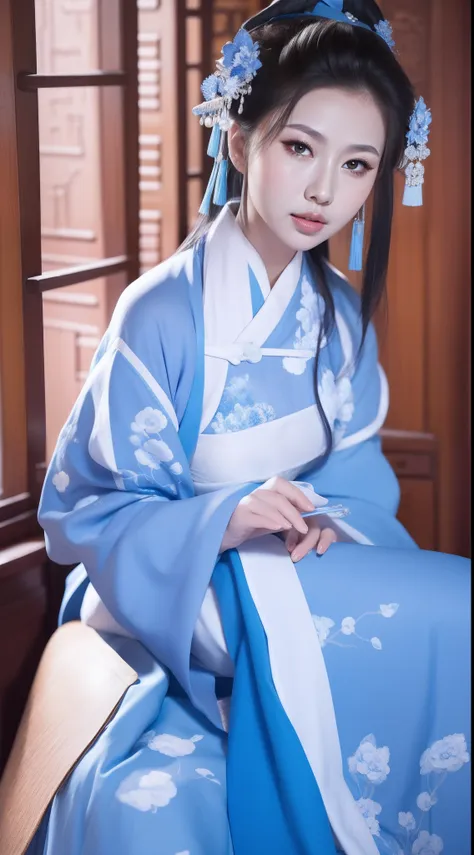 Blue and white porcelain style，Ancient Chinese clothing，The clothing is blue and white motif，ancient china art style，Fashion model 18 years old [[[[closeup cleavage]]]], [[[[boobgasm]]]], [[[[coll]]]], [[[[bshoulders]]]], perfect  eyes, Perfect iris，Perfec...