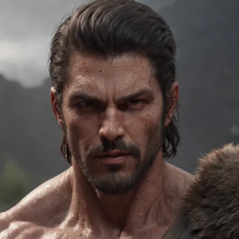 (professional 3d render:1.3) af (Realistic:1.3) most beautiful artwork photo in the world，Features soft and shiny male heroes, ((Epic hero fantasy muscle man  look andrew tate rough wet hero angry look long hair short beard and ferocious expression in dyna...