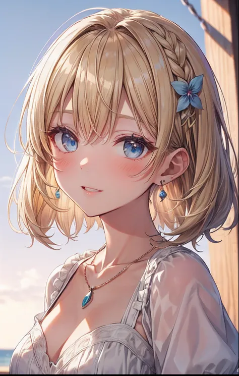 absurderes, ultra-detailliert,bright colour, extremely beautiful detailed anime face and eyes, view straight on, ;D, shiny_skin,25 years old, Short hair, forehead, Blonde hair with short twin tails, Shiny hair, Delicate beautiful face, red blush、Blue eyes,...