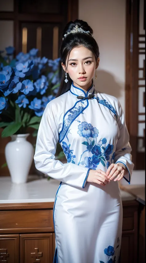 blue and white porcelain style，chinese white cheongsam，the cheongsam is decorated with a blue and white pattern，ancient china ar...