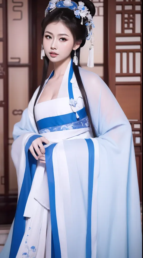 blue and white porcelain style，ancient chinese clothing，white apparel，the clothing has a blue and white pattern，ancient china ar...