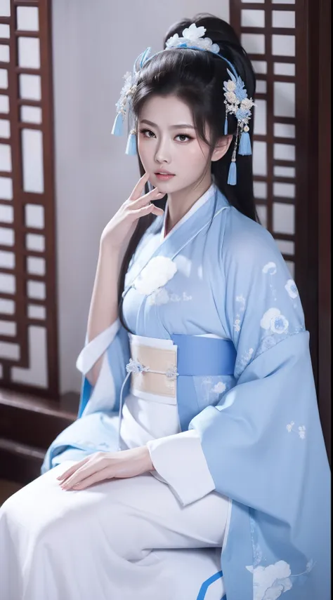 Blue and white porcelain style，Ancient Chinese clothing，white apparel，The clothing has a blue and white pattern，ancient china art style，Fashion model 18 years old [[[[closeup cleavage]]]], [[[[boobgasm]]]], [[[[coll]]]], [[[[bshoulders]]]], perfect  eyes, ...