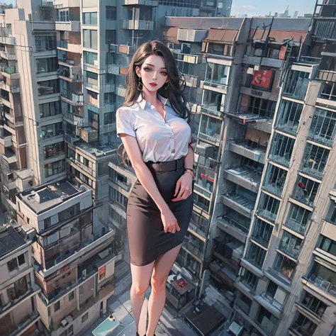 1 tall girl，Full body photo，Building seating，White tight shirt，Big breasts，pencil skirts，black lence stockings，stiletto，Long legs:,Extremely tall girl，Above the house，Beautiful looks，Delicatemakeup，Perfect lighting，Cinematic quality，8K,High quality,GTS,Aer...