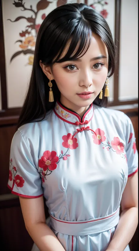 chinese white cheongsam，the cheongsam is decorated with pink floral motifs，ancient china art style，fashion model 18 years old [[...