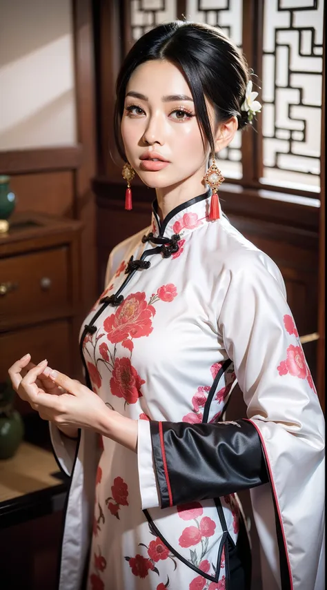 chinese white cheongsam，the cheongsam is decorated with pink floral motifs，ancient china art style，fashion model 18 years old [[...