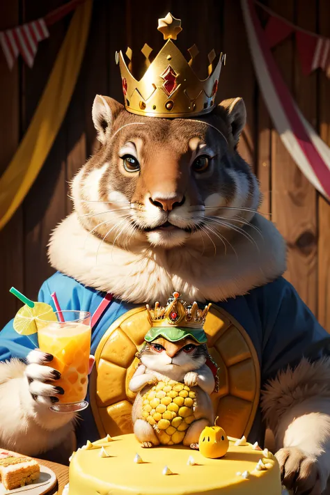 American marmot wearing a crown，anthropomorphic turtle，Mango juice drink in hand，Birthday cake in front of you，Hyper-realistic