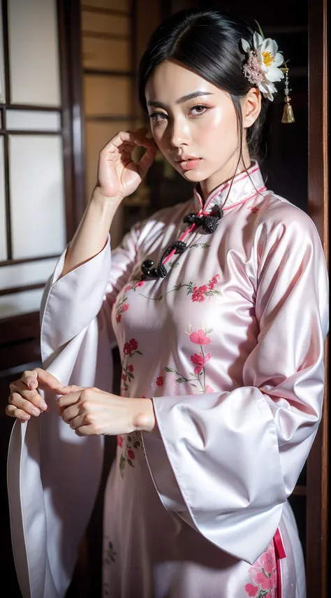 Chinese white cheongsam，The cheongsam is decorated with pink floral motifs，ancient china art style，Fashion model 18 years old [[[[closeup cleavage]]]], [[[[boobgasm]]]], [[[[coll]]]], [[[[bshoulders]]]], perfect  eyes, Perfect iris，Perfect lips，perfect tee...