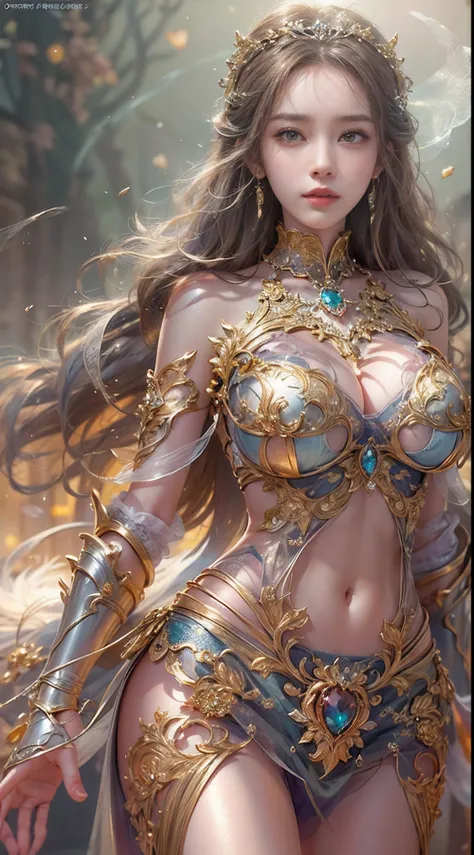 Woman in a golden transparent dress,view the viewer,(((Huge breasts, Large cleavage))),Slim waist,(navel baring,Bare waist), Long hair, Ultra-detailed details,High-end Zhenyi station, Rainstorm site, detailed fantasy art, Stunning character art, Beautiful ...