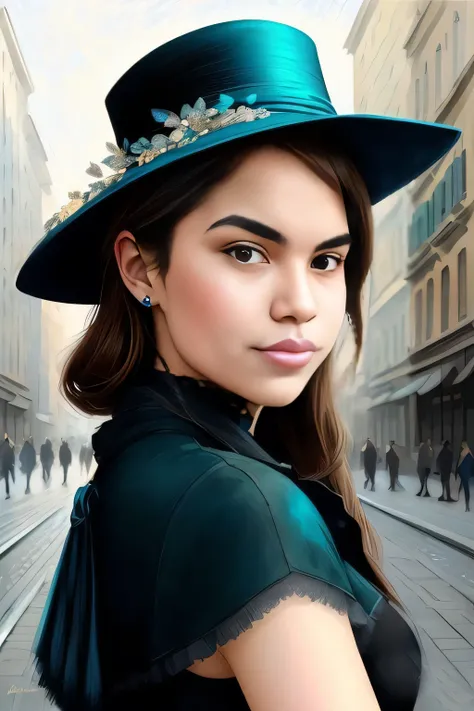 A closeup of a woman wearing a hat on a city street, No estilo de arte de Bowater, pintura digital elegante, pintura digital impressionante, pintura digital fotorrealista, pintura digital realista, lindo pintura digital, em estilo de pintura digital, retra...