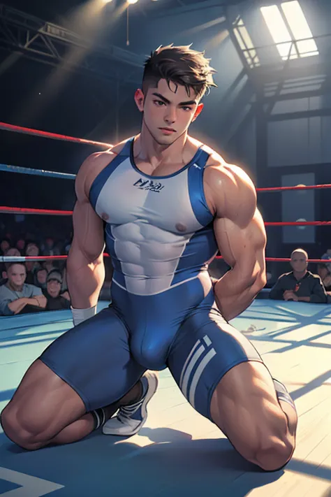 ((Best Quality, 8K, ultra-detailed, Masterpiece: 1.3)), 1boy, shiny skin, sharp, Perfect Body Beauty, realistic shaded perfect body, (cute baby face:1.1),("wrestling wear, big bulge ":1.2),(dynamic pose:1.1), thigh , (bulge focus:1.2) , all fours