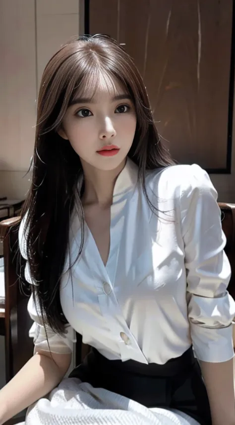 primitive，tmasterpiece，ultra fine photos，best qualtiy，超高分辨率，Photoreality，rays of sunshine，full-body portraits，stunningly beautiful，，dynamicposes，delicated face，Vibrant eyes，（seen from the side），((Secretarial uniform))，校服，cropped shoulders，Delicate head flo...