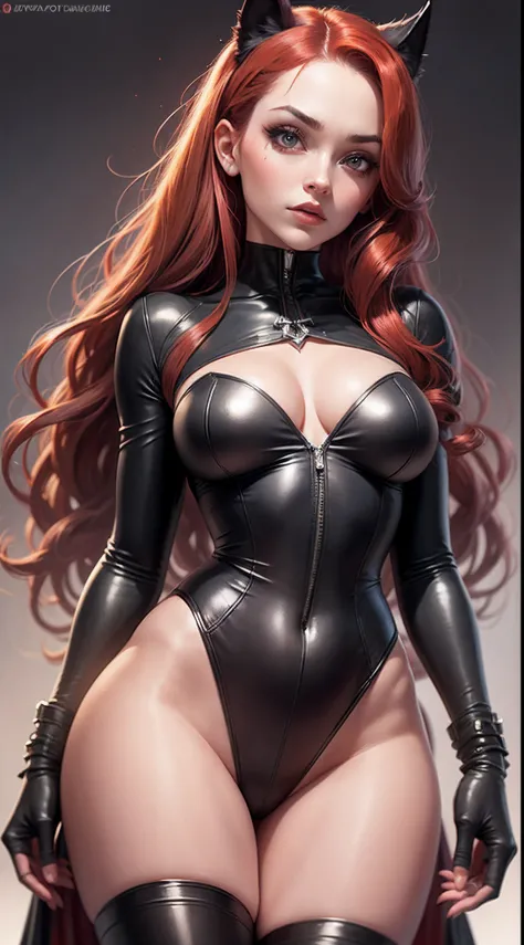 master part, circunstanciado, soft lighting, Gothic catwoman with long red hair, Olhos laranja Chibi, fundo branco, fundo simples, 1080P, Altas, Super Detalhe, pele texturizada, master part