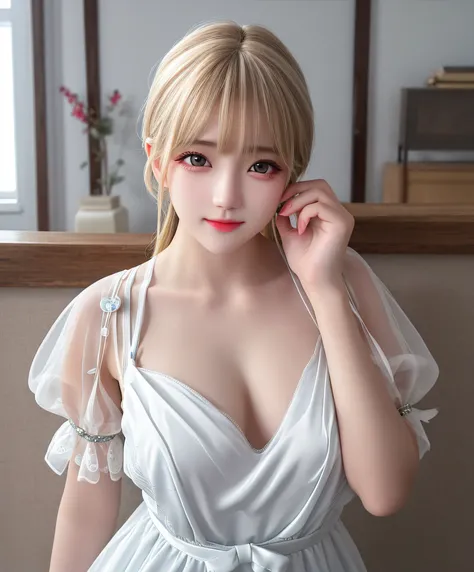 Best quality、tmasterpiece、A high resolution、1girl、wearing white underwear，posing on a，photorealistic perfect body，Smooth translucent white skin， hyperrealistic full figure， dressed in a beautiful white， pale milky white porcelain skin， Sexy body， on a mann...