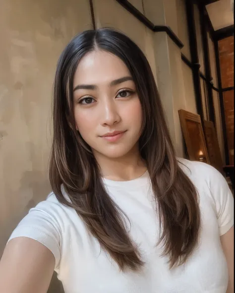 there is a woman that is taking a selfie with her cell phone, dilraba dilmurat, julia sarda, serena malyon, with long hair, straight hairstyle, without makeup, parted hair, ilya kuvshinov with long hair, anastasia ovchinnikova, leaked image, cindy avelino,...