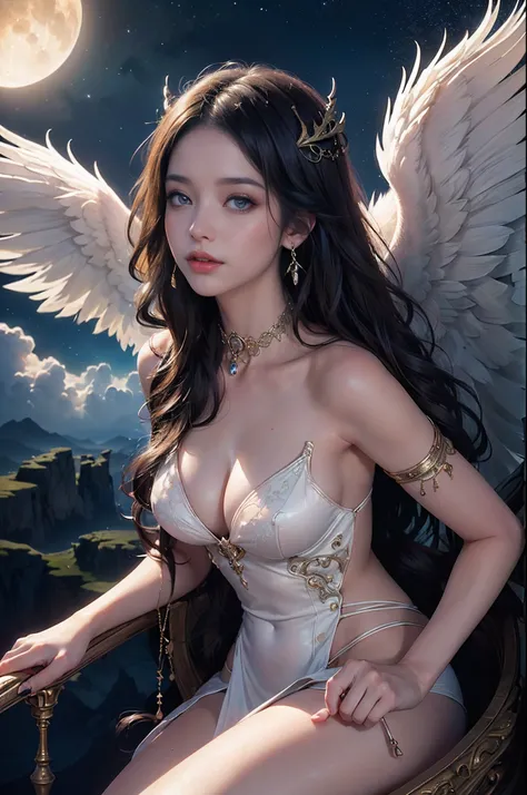 ((nood)), ((tmasterpiece)), (A detailed), seductive succubus, ethereal beauty, Perching on the clouds, (fantasy illustrations:1.3), a captivating gaze, enchanting posture, Delicate wings, Otherworldly charm, mystical sky, (By Luis Royo:1.2), (Yoshitaka Ama...