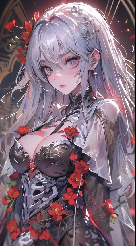 anime big breast，best qualtiy，Elaborate Eyes，Silver hair，a purple eye，3D,8k,a female ghost，Wearing a red wedding dress，Extremely depressing scene，terroral，incubus，skelleton