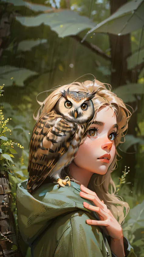 ((Best Quality, 8K, Masterpiece: 1.3)), Pretty, young girl, smooth skin, with hoodie styles, social, brown eyes,  big eyes, tanned with owl in shoulder, in forrest