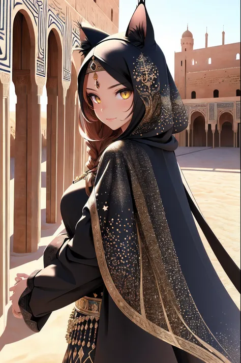 (Masterpiece), (best quality), hight resolution, ultra-detailed, (hyper detailed background, Detailed background), highly detailed, 1 beautiful and gorgeous girl, (cat ears), North African Islam, Alhambra palace, (Islamic Africa:1.2), Fractal Art, Colorful...