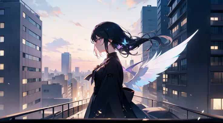 On the roof of a high-rise apartment building in the city、The girl stood，Fluttering in the wind。Her gaze stared into the distance.、I have a mixture of dreams and sadness in my heart.。The lights of the surrounding buildings illuminated her silhouette.、It wa...