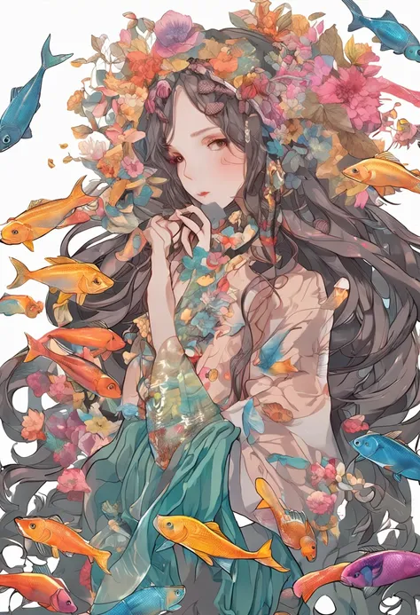 illustration，1 25 year old girl，full bodyesbian，Fish scales all over the body，Multicolored fish scales，Best quality at best，highly  detailed，Best quality at best，tmasterpiece，An extremely delicate beauty，extremely detaile，adult girl，style of anime，Desico G...