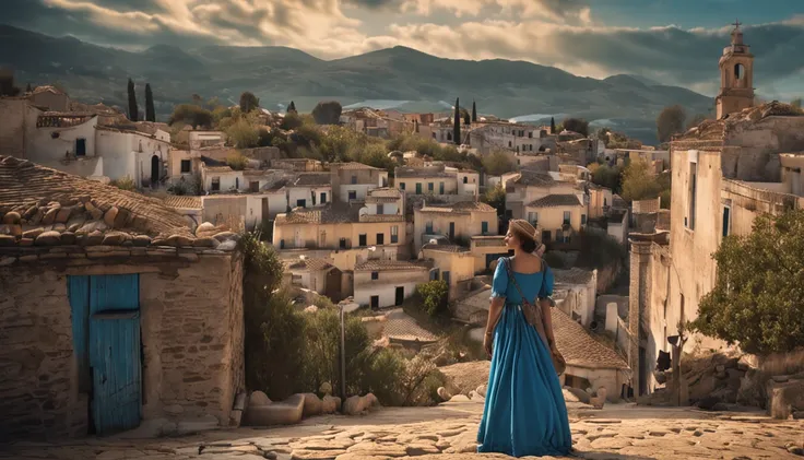 19th century woman with books and blue dress, olhos azuis